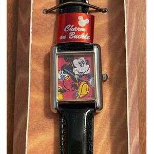 Disney NEW Vintage Mickey Mouse Timex Watch Black Leather Band Charm Buckle NIB